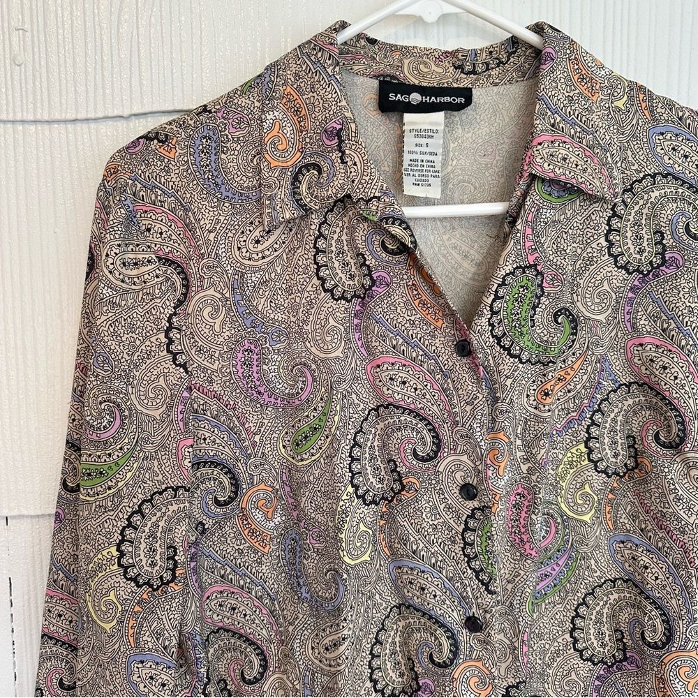 Sag Harbor Women’s S 100% Silk Button Blouse Long Sleeve Top Paisley Tan Vintage